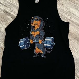 Non-smoker home. Men’s XL dachshund deadlifting tank top.